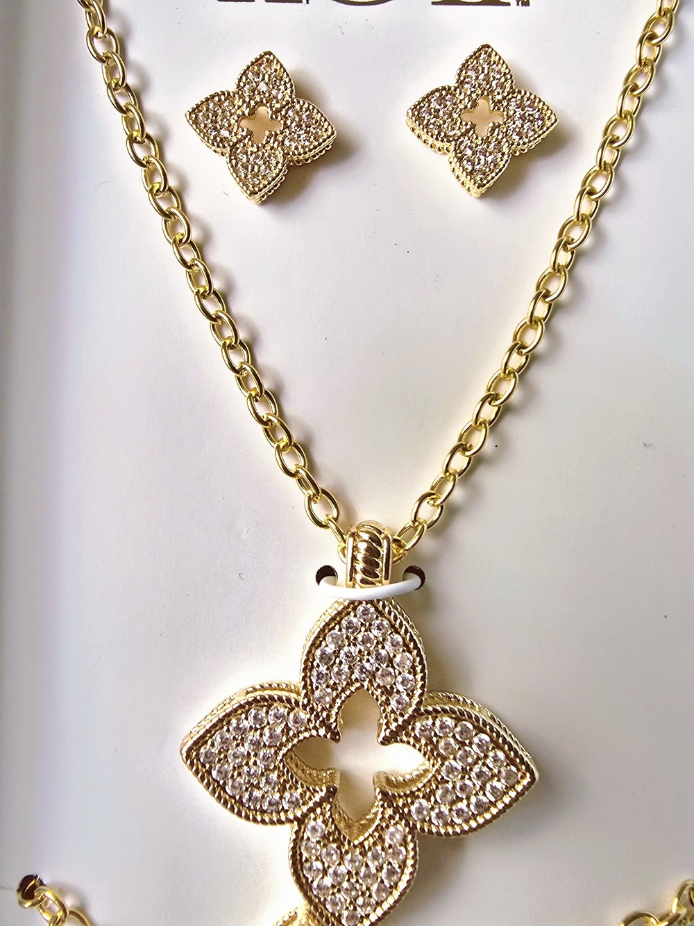 nOir Jewelry Gold Cubic Zirconia Floral Necklace, Bracelet & Earring Clover‎ Set - Picture 3 of 5
